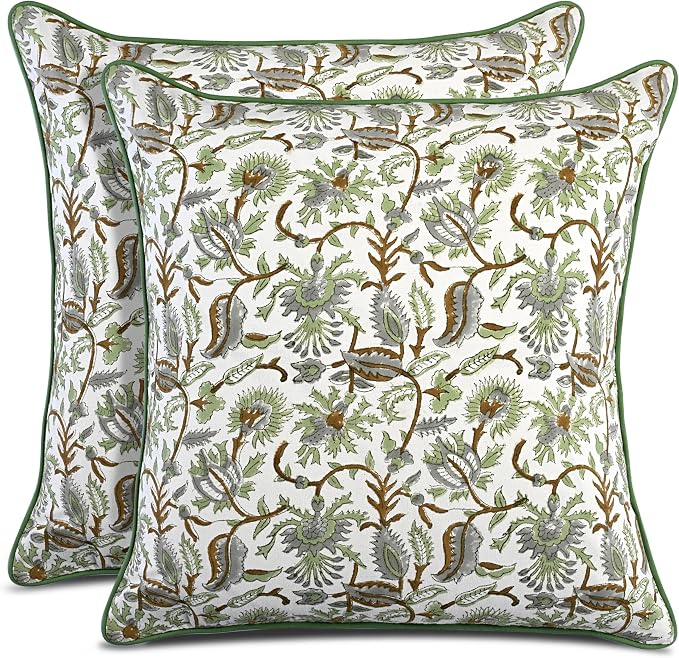 CPC 100% Cotton Throw Pillow Covers 18x18 Inch, Set of 2 Green Block Print Pattern Couch Pillow, Cute Boho Decorative Pillows for Living Room, Bedroom with Hidden Zipper- Mint Leaf