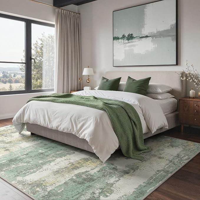 GENIMO Abstract Area Rug 6x9, Washable Large Modern Rug Non Slip, Low Pile Lightweight Soft Carpet for Living Room, Bedroom, Dining Room, Light Green