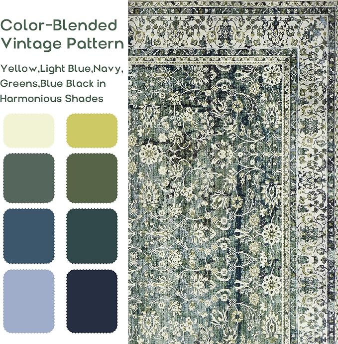3x5 Area Rug for Entryway Indoor Low Pile Green Rugs with Washable Non Slip Boho Vintage Distressed Ultra Thin Entry Way Rugs for Kitchen Laundry Room Bathroom Inside House,3 x 5,Dark Green and Blue