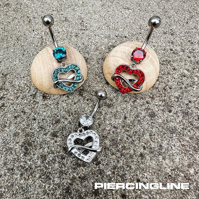 PIERCINGLINE surgical steel dangle belly button piercing with heart and infinity pendant - belly button ring surgical steel, piercing - new version with improved durability