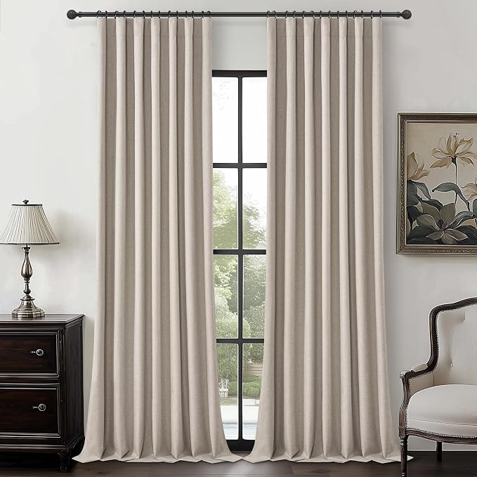 Extra Wide 60 Inch Blackout Curtains 96 Inches Long for Living Room, Rustic Boho Room Darkening Textured Linen Pleated Insulated Ceiling Track Large Window Drapes (60"W x 96"L 2 Panels Grey Flax)