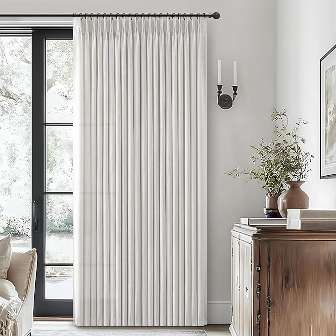 Pinch Pleated Off Beige White Extra Wide 70 x 108 Inch Patio Door Curtains for Sliding Glass Door, Modern Heavy Linen Blend Semi Sheer Light Filtering Floor to Ceiling Office Sunroom Drape Panels of 2