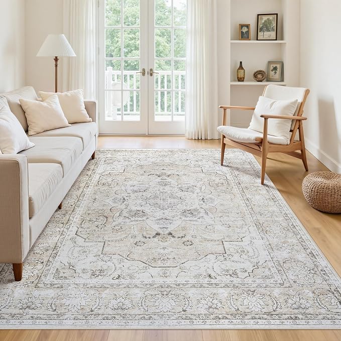 5x7 Area Rugs for Living Room:Beige Washable Vintage Medallion Carpet Non-Slip Soft Low Pile Large Rugs Indoor Retro Rug for Bedroom Nursery Dining Table Office Home(Beige White, 5'x7')