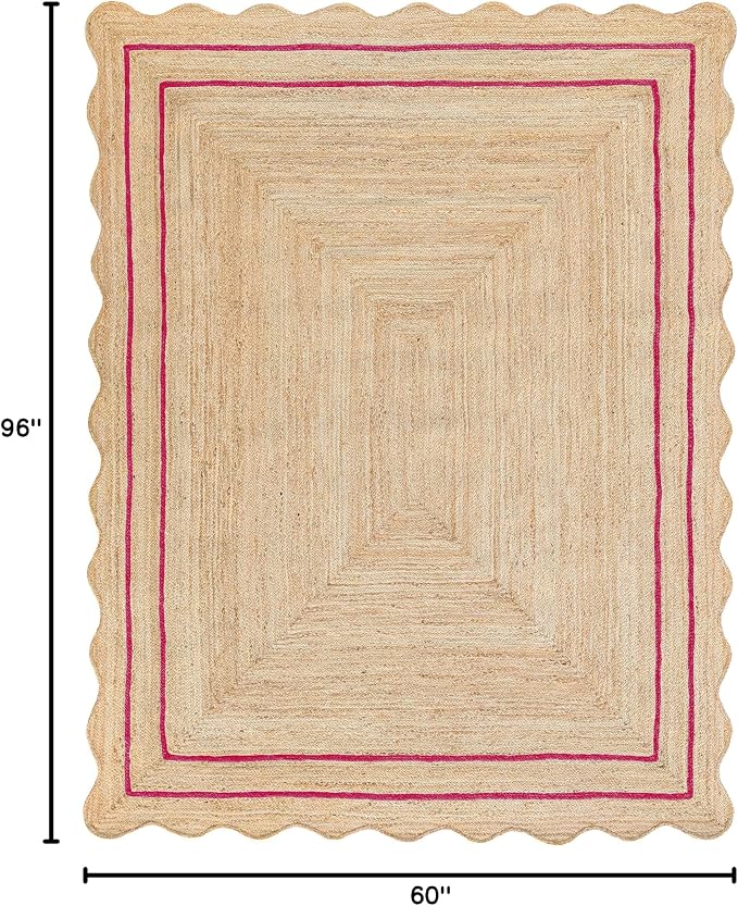 Wave Scalloped Natural Jute Runner, Dark Pink (5'x8'): Boho Farmhouse Entryway Scallop Rug