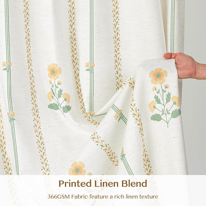 THREE GIRLS Floral Pinch Pleated Light Filtering Curtains 102 Inches - Printed Linen Blend Drapes for Living Room, Bedroom, Dining, Modern Farmhouse with Hooks, 2 Panels Set, 40" W x 102" L Yellow