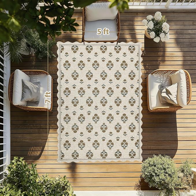 ORTIGIA Scalloped Easy Jute 5x7 Area Rug Vintage Yellow Block Floral Farmhouse Washable Rug Non-Slip Indoor Outdoor Carpet for Living Room Bedroom Patio Entryway