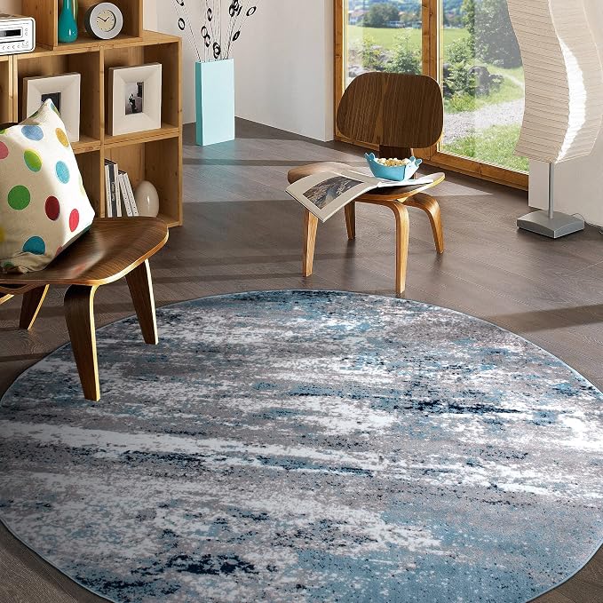 Rugshop Watercolor Distressed Modern Bohemian Abstract Round Rug Blue 8'