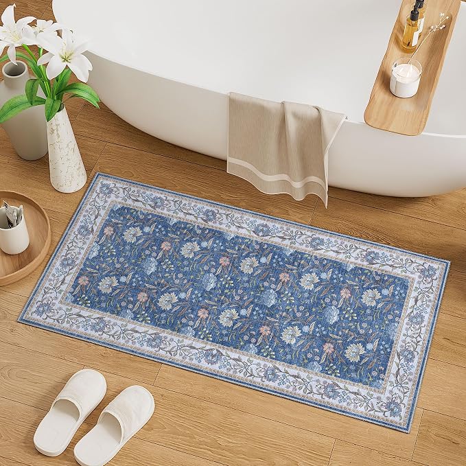 DUKINO 2x4 Rug, Washable Vintage Floral Entryway Rug Non Slip, Sky Blue | Low Pile, Non-Shedding, Stain Resistant Boho Lightweight Soft Indoor Carpet for Kitchen Bathroom Hallway Laundry Farmhouse
