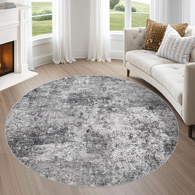 DMOYEST 6ft Round Area Rug Living Room Rugs - 6x6 Washable Large Soft Indoor Neutral Modern Abstract Low Pile Rug Carpet for Bedroom Dining Room Farmhouse Home Office - Grey