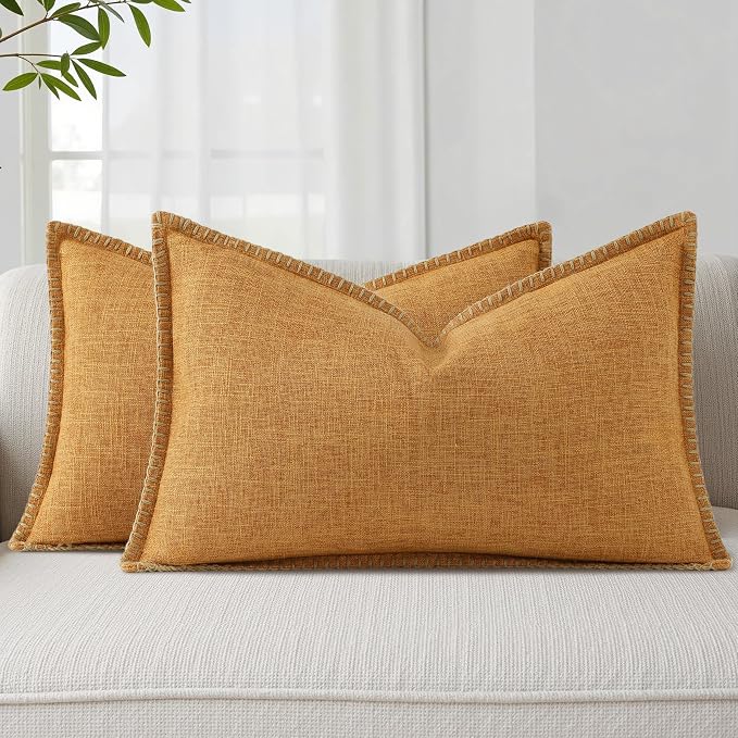 decorUhome Bronze Faux Linen Outdoor Throw Pillow Covers 12x20 Set of 2 | Fall Decorative Textured Neutral Modern Farmhouse Pillow Covers with Stitched Edge for Couch Sofa Bed Living Room