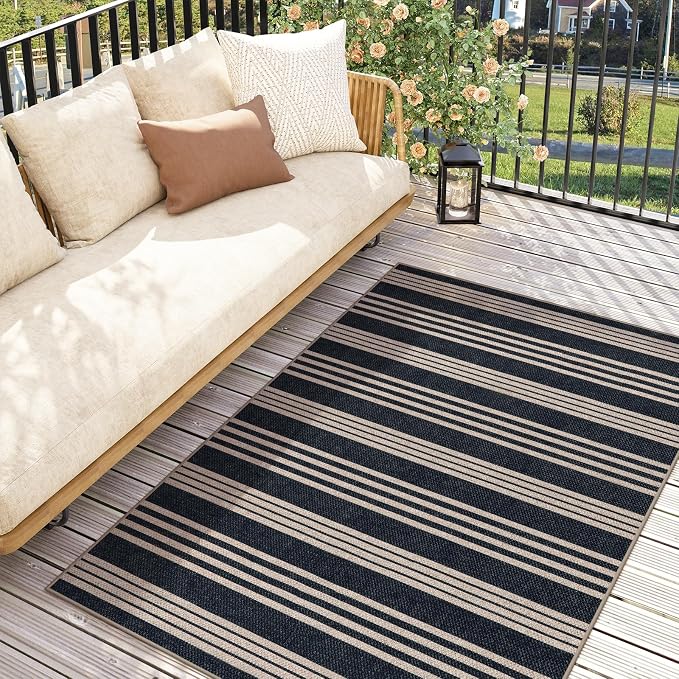 Lahome Striped Easy Jute 3x5 Outdoor Patio Rug, Washable Porch Entry Rugs | Indoor Black Area Rugs for Living Room, Modern Farmhouse Neutral Door Mat, Non Slip Carpet for Backyard Bedroom Kitchen