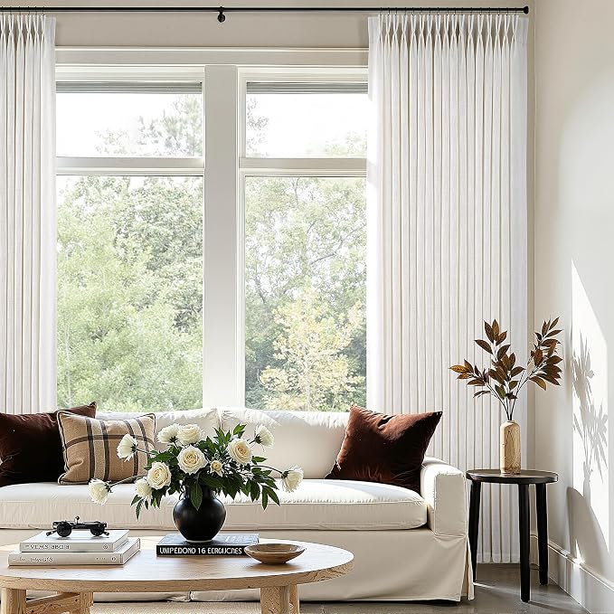 100 Inch Wide Pinch Pleated Linen Curtains 108 Inches Long for Living Room Sliding Glass Door Memory Shape Trained Pleated Drapes Natural Cream Beige Light Filtering Curtains 100W x 108L