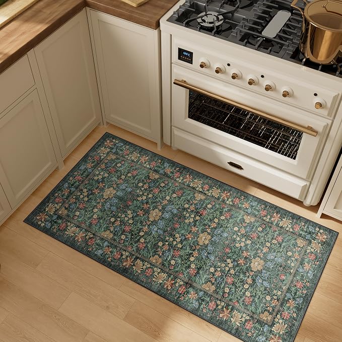 DUKINO 2x4 Rug, Washable Vintage Floral Bathroom Runner Rug, Green | Non Slip, Low Pile, Stain Resistant, Aesthetic Lightweight Soft Indoor Carpet for Kitchen Entryway Hallway Bathroom Bedroom