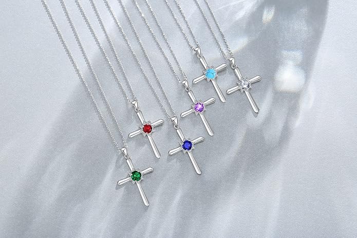 FANCIME Birthstone Cross Necklace for Women Sterling Silver Birthstone Necklace Halo Infinity Cross Pendant Necklace Fine Jewelry Valentines Day Gifts Birthday Holiday Gifts for Her, 16"+2" Inches