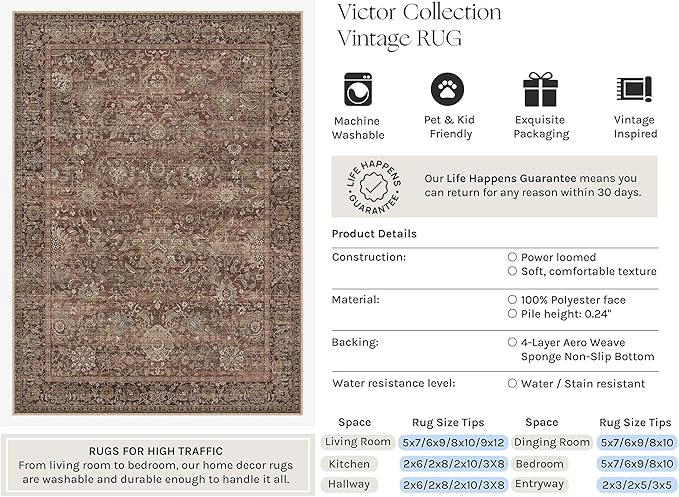 HUGEAR Area Rugs 6x9 Rust Red Washable Rug for Living Room Bedroom Neutral Vintage Rug Carpet Distressed Soft Durable Non Slip No Shedding for Indoor Dining Nursery Farmhouse