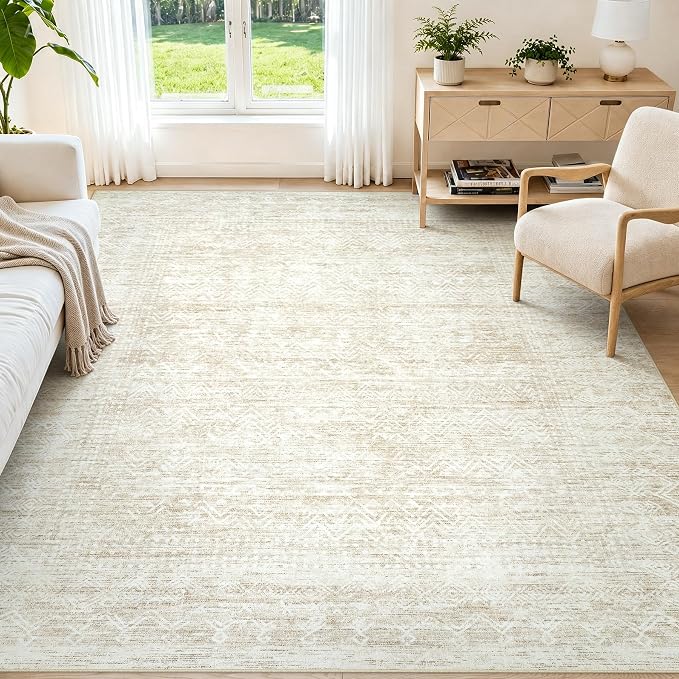 6X9 Area Rug for Living Room, Washable Moroccan Geometric Rug Soft Non-Slip Rubber Vintage Boho Large Rug, Low Pile Farmhouse Carpet for Bedroom Dining Room Nursery Modern Office (Beige, 6'x9')