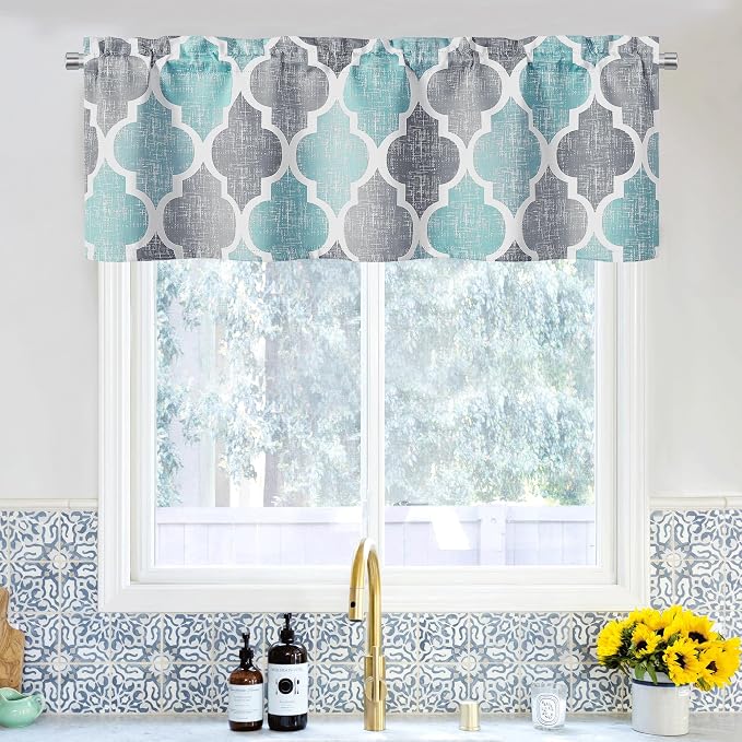 Beauoop Moroccan Valance Curtains for Kitchen Cafe Aqua Grey 52x18 1 Panel | Geometric Blackout Short Curtains for Living Room Bedroom 18 Inch Length Thermal Quatrefoil Small Window Curtains Rod Pocket
