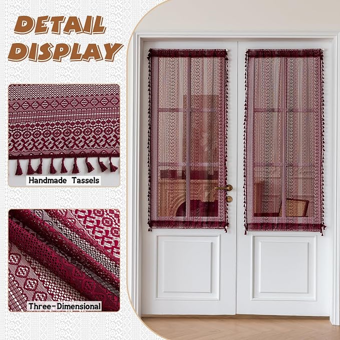 Sutuo Home Burgundy French Door Curtains for Front Door Glass & Sidelights, Farmhouse Light Filtering Bohemian Tassels Vintage Privacy Red Drapes for Window, Rod Pocket 2 Panels 25" W x 72" L