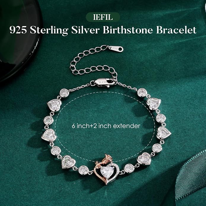 Iefil Birthstone Bracelets for Women - 925 Sterling Silver Rose Heart Charm Bracelets, Anniversary Birthday Gifts for Women Wife Mom Girlfriend Daughter, 6"+2"