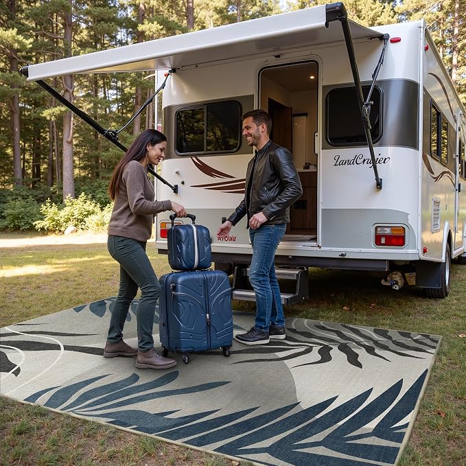 GENIMO 8x10 Outdoor Rug, Washable Quick Dry for Patio, Navy Grey | Botanical leaf design for backyard; fade resistant chenille with quick-dry non-slip backing for indoor living rooms.