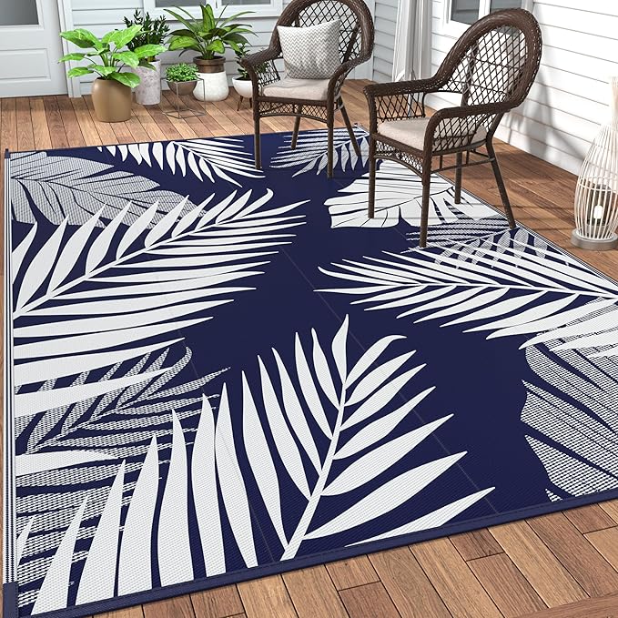 GENIMO Outdoor Rug, Waterproof Plastic Rugs for Patio, 6'x9' Blue White | Outside Larger Leaf Carpet Mat for Porch Decor, Deck, Balcony, Camping, RV, Backyard, Picnic, Beach, Reversible, Foldable