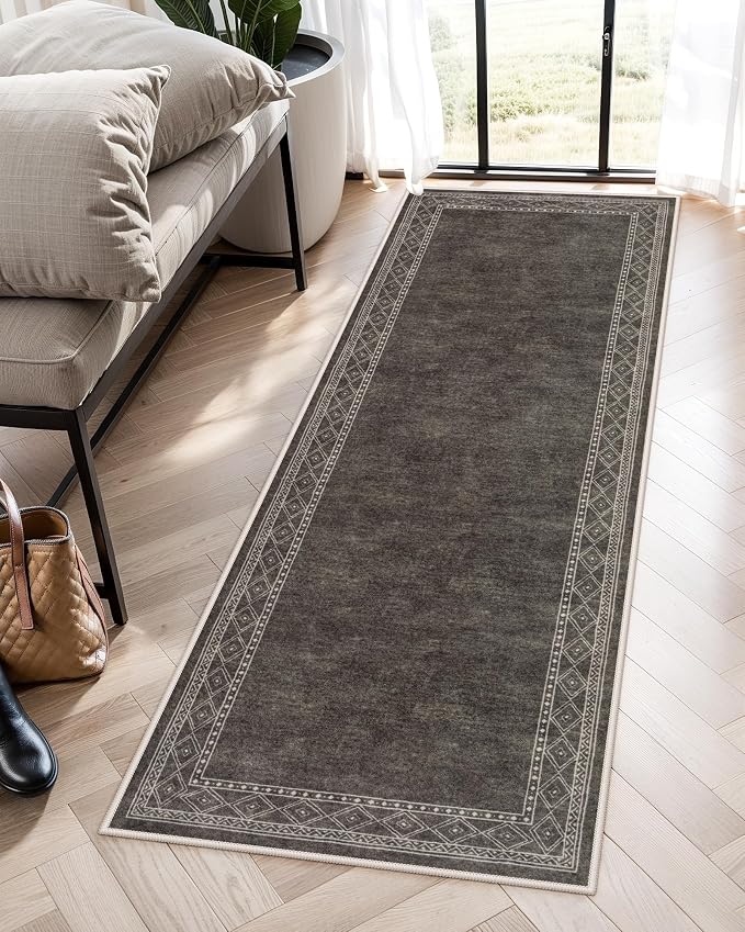 Lahome Modern Bordered Kitchen Runner Rugs Non Skid Washable, 2x6 Rug Runners for Hallways Non Slip Ultra-Thin Carpet for Entryway Laundry Room Bedroom (2x6ft,Brown)