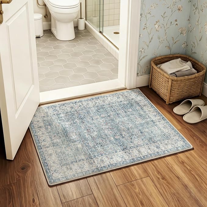 Beauoop 2x3 Washable Blue Neutral Vintage Distressed Oriental Entryway Rug | Non Slip Low Pile Oriental Soft Thin Small Carpet Throw Rugs Door Mat Retro Entry Entrance Kitchen Bedroom Bathroom Laundry