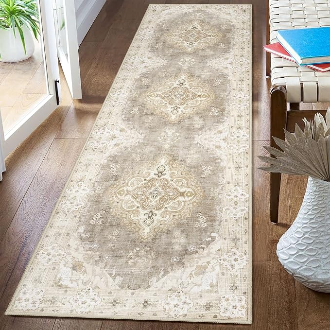 MUJOO Beige Runner Rug Washable 2x8 Area Rugs Non Slip Low-Pile Floral | Long Throw Carpet for Hallways Entryway Kitchen Bathroom Bedside Bedroom Laundry Boho Soft Indoor Vintage Bohemian Flowers