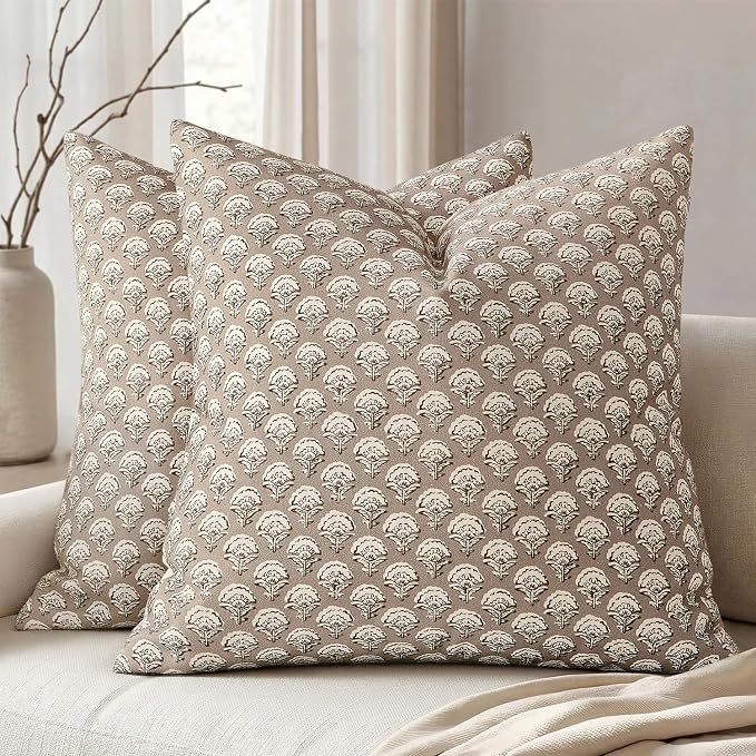 MIULEE Set of 2 Decorative Floral Pillow Covers Neutral Vintage Throw Pillows Block Print Boho Farmhouse Cushion Covers for Modern Spring Home Decor Couch Sofa Bed Living Room, 22x22 Inch, Light Taupe