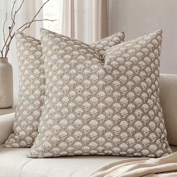 MIULEE Set of 2 Decorative Floral Pillow Covers Neutral Vintage Throw Pillows Block Print Boho Farmhouse Cushion Covers for Modern Spring Home Decor Couch Sofa Bed Living Room, 24x24 Inch, Light Taupe