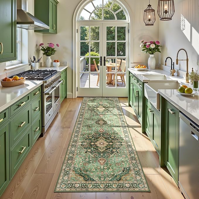 Deerly Green Runner Rug 3x10 Boho Washable Extra Long Rug for Hallway, Waterproof Large Kitchen Floor Rug, Non-Slip Stain & Fade Resistant, Vintage Floral Decor