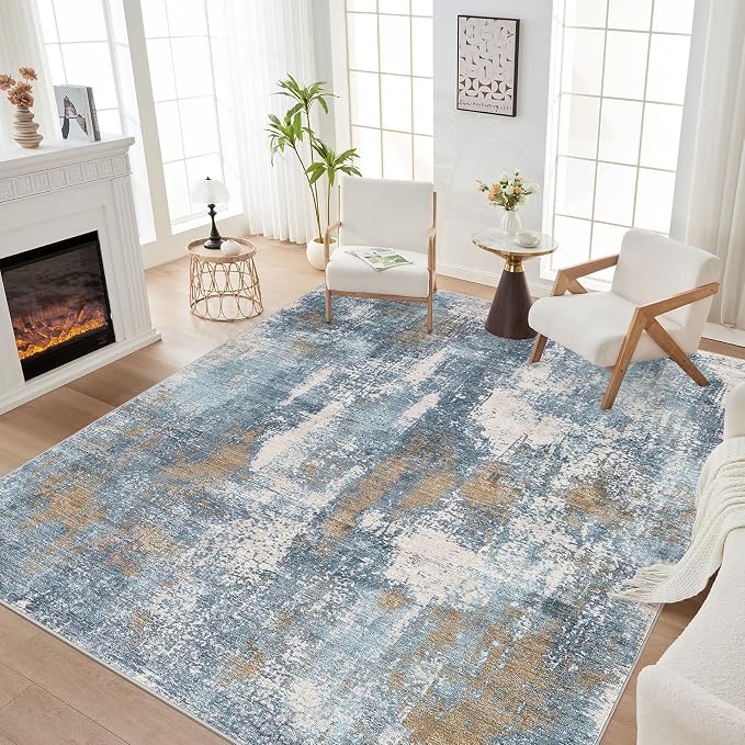 DMOYEST Area Rug Living Room Rugs - 9x12 Washable Large Soft Indoor Neutral Modern Abstract Low Pile Rug Carpet for Bedroom Dining Room Farmhouse Home Office - Blue Brown