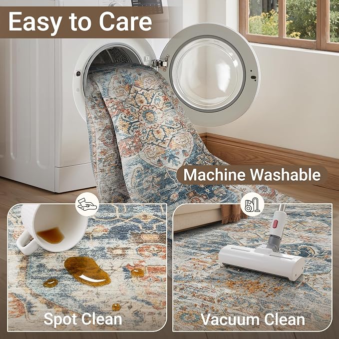 befbee Washable Rug 8x10 Area Rugs for Living Room - Stain Resistant Non-Slip Backing Rugs for Bedroom - Vintage Large Area Rug (Navy, 8'x10')