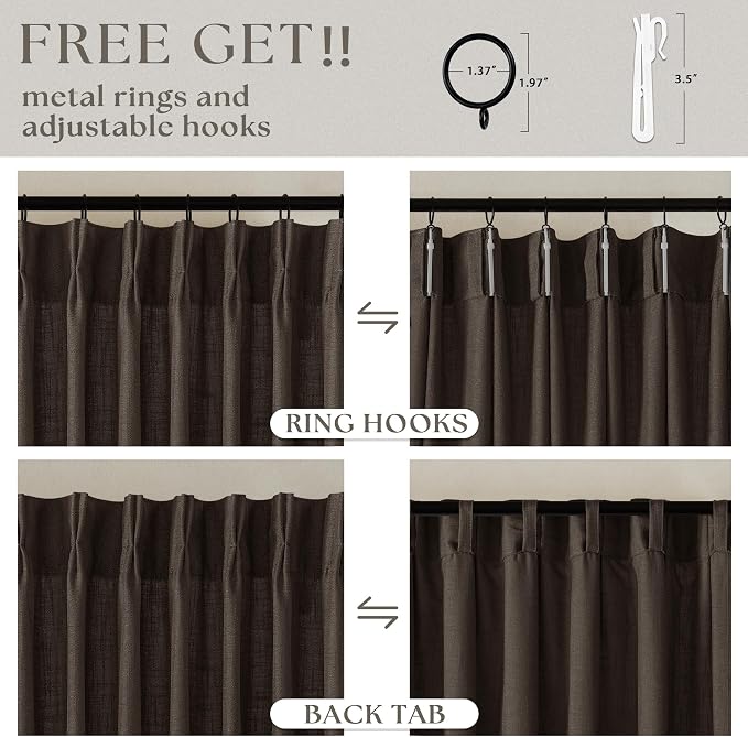 Dark Chocolate 96 Inch Pinch Pleated Semi Sheer Linen Curtains 2 Panels | for Living Room Bedroom, Memory Training Shaped, Light Filtering, Pinch Pleat Drapes with Hooks Rings, Window Curtains 40x96