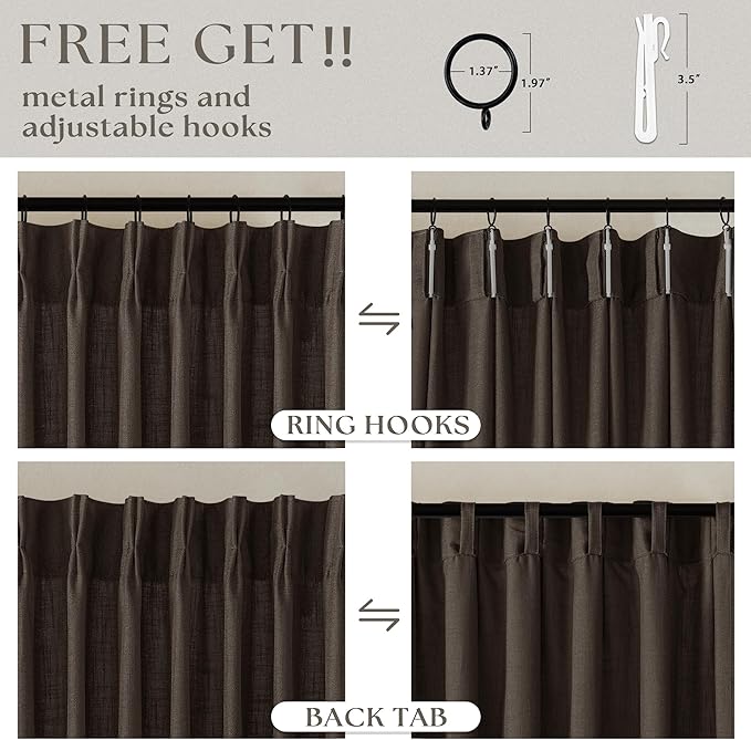 Dark Chocolate 80 Inch Pinch Pleated Semi Sheer Linen Curtains 2 Panels | for Living Room Bedroom, Memory Training Shaped, Light Filtering, Pinch Pleat Drapes with Hooks Rings, Window Curtains 40x80