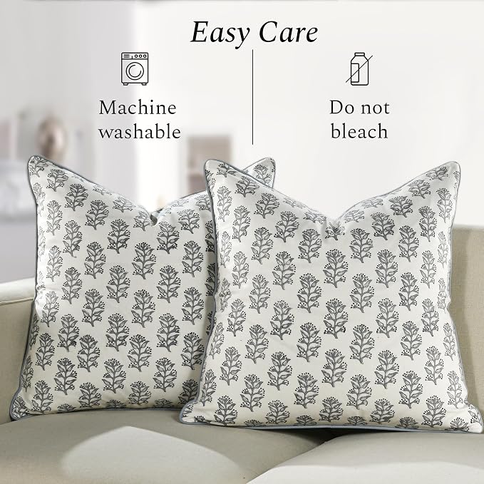 CPC 100% Cotton Throw Pillow Covers 20x20 Inch, Set of 2 Block Print Pattern Couch Pillow with Hidden Zipper, in Collabaration with Southern Source- Misty Grey Floral