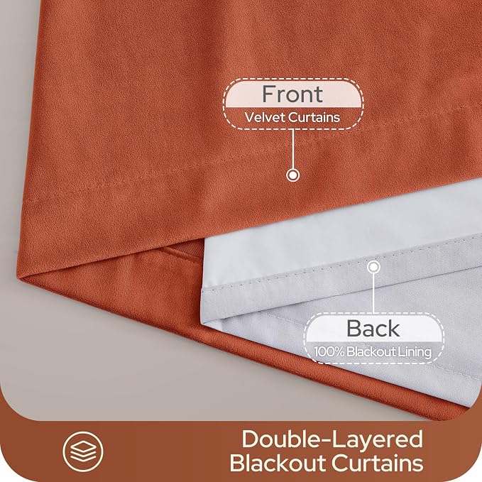 HOMEIDEAS 100% Blackout Burnt Orange Velvet Curtains, Thermal Noise Reduction Luxury Vintage Christmas Velvet Curtains for Bedroom Decor, Living Room, Home, 52 X 96 Inch, 2 Panels