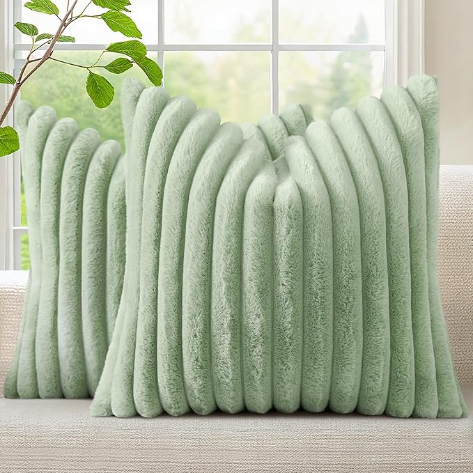 decorUhome Fall Faux Fur Throw Pillow Covers 16x16 Set of 2 Sage Green | Decorative Soft Cozy Striped Plush Modern Farmhouse Boho Couch Pillow Cases Velvet Back for Sofa Bed Living Room Home Decor