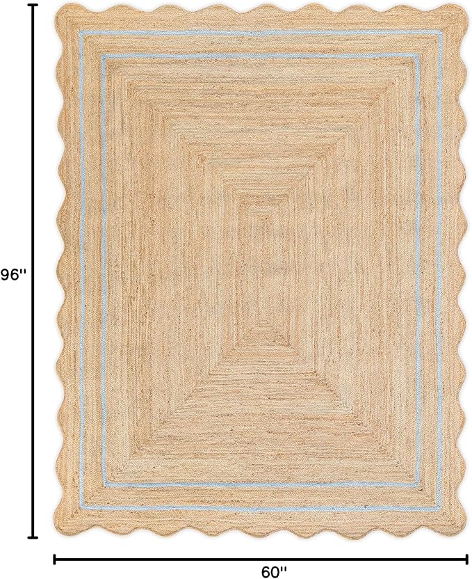 Wave Scalloped Natural Jute Rug - Boho Entryway Runner, Farmhouse Scallop, Gray (5'x8')