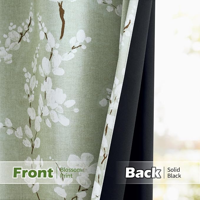 FMFUNCTEX 100% Blackout Green Floral Curtains, Rod Pocket 18 Inch 1 Panel | Black Out Drapes, Thermal Insulated, Blossom Patterned Short Panel for Kitchen Curtains, Cafe, Bathroom, Door Glass