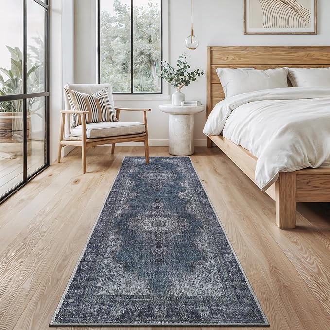 Bloom Rugs Washable Non-Slip 12 ft Runner - Dark Teal Traditional Medallion Runner for Entryway, Hallway, Bathroom, and Kitchen - Exact Size: 2.5' x 12'