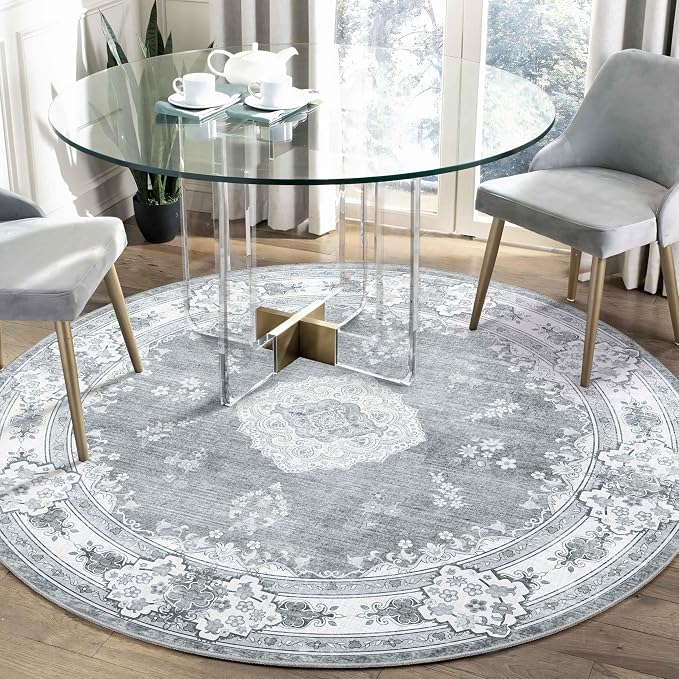 MUJOO Grey Round Rug 5ft,Circle Washable Area Rug Non Slip Low-Pile Floral | Circular Rugs for Bedroom Living Room Dining Room Bathroom Boho Throw Carpet Soft Floor Indoor Vintage Bohemian Flowers