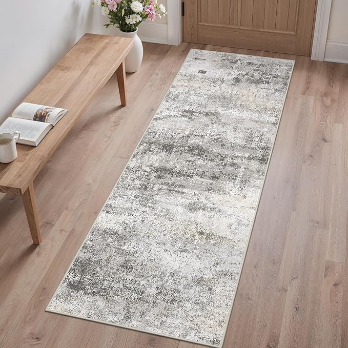 GENIMO Runner Rug Non Slip 2x6, Washable Rug Runner for Hallways Kitchen, Abstract Modern Kitchen Rugs, Low Pile Lightweight Carpet Runners for Entryway, Bedroom, Laundry, Grey Beige