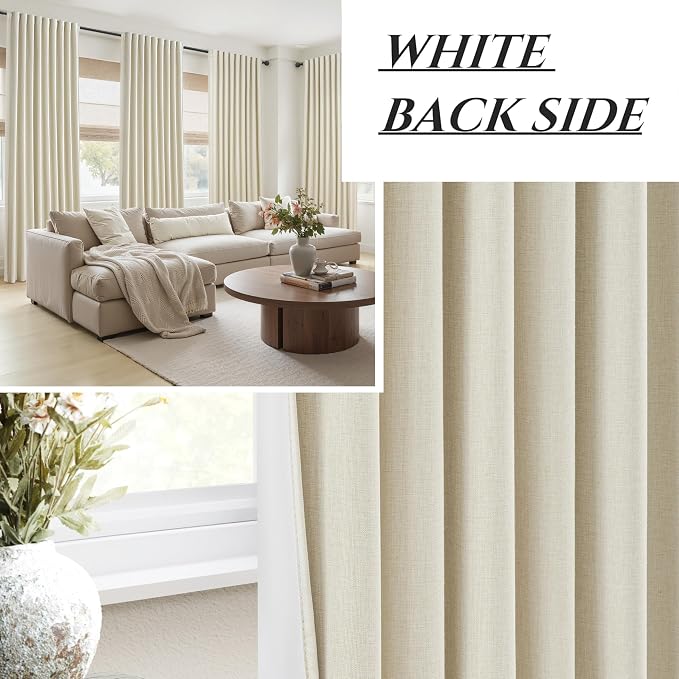 Warm Cream Blackout Curtains 60 Inches Extra Wide Linen 90 Inch Length for Living Room,Pleated Farmhouse Bedroom Thermal Drapes for Winter Thick Large Window Energy Efficient (60"W x 90"L 2 Panels)