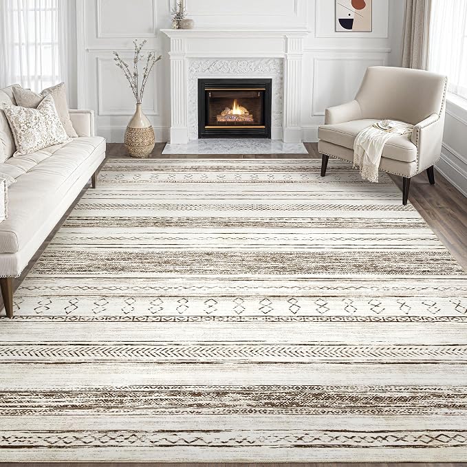 Tortania Area Rug Living Room Rugs - 9x13 Washable Large Soft Neutral Boho Moroccan Bohemian Farmhouse Rug Indoor Floor Carpet for Bedroom Under Dining Table Home Office Decor - Cream Brown