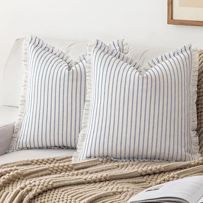 YEENAASY Throw Pillow Covers 22x22 Set of 2 Striped Fringe Pillow Cover Farmhouse Cushion Covers with Tassel Neutral Boho Pillows Decorative Square Pillowcase for Couch Sofa Bed, Blue