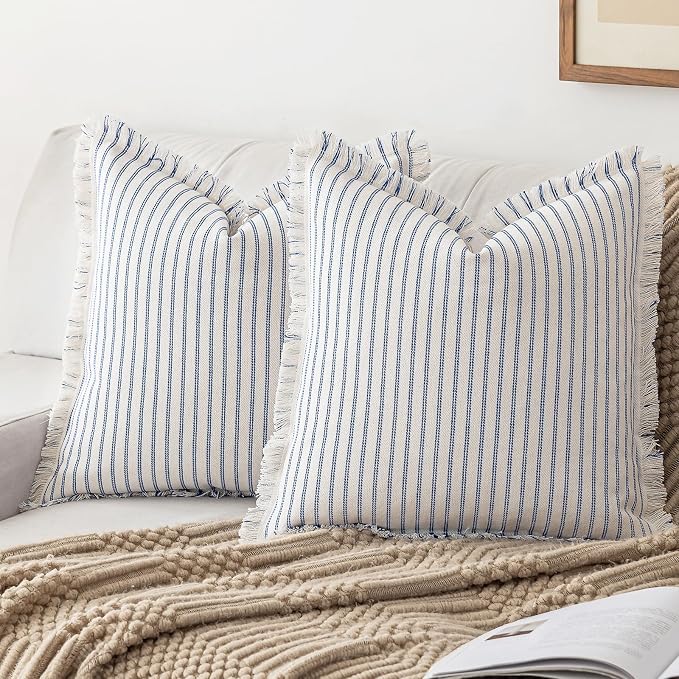 YEENAASY Throw Pillow Covers 24x24 Set of 2 Striped Fringe Pillow Cover Farmhouse Cushion Covers with Tassel Neutral Boho Pillows Decorative Square Pillowcase for Couch Sofa Bed, Blue