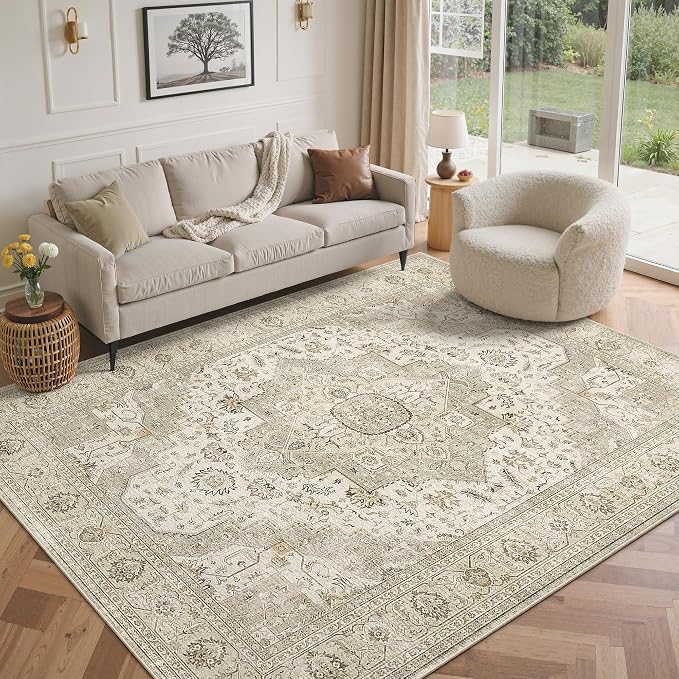 Roxstand 5x7 Washable Area Rugs for Living Room, Ivory/Beige | Non-slip Backing, Low-Pile Carpet, Stain Resistant,Rugs for Living Room,Bedroom, Dining Room, Office