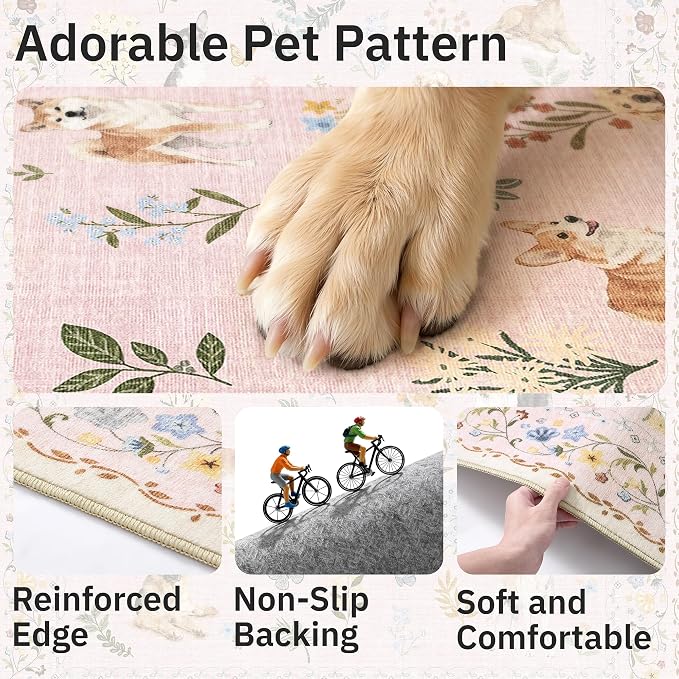 Soalmost Dog 5x7 Pink Area Rugs for Baby Girl Nursery, Washable Soft Rug | Floral Vintage Non-Slip Low Pile Cute Throw Rugs for Living Room Kitchen Dining Room Bedroom Nursery Playroom 5' x 7'