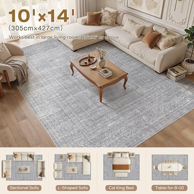 Nakagishi 10x14 Area Rugs Living Room: Washable Large Vintage Rug Neutral Non-Slip Soft Stain Resistant Indoor Carpet for Bedroom Nursery Dining Room Office Playroom - Grey